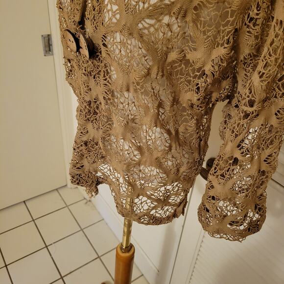 Adore Medium Tan Crochet Lace Button Front Cardigan Boho Layering Top - Picture 4 of 8